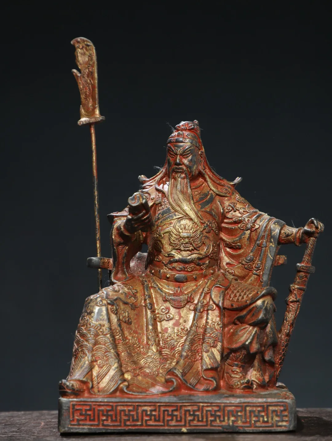 

8"Tibetan Temple Collection Old Bronze Cinnabar Mud gold Spring Autumn Guan Gong Guan Yu Buddha Worship Hall Town house