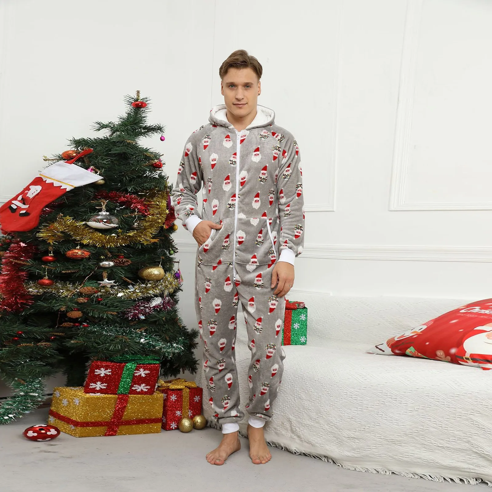 Men Christmas Wool Pajamas Solid Color Zipper Loose Hooded Jumpsuit Winter Warm One Piece Fleece Plush Sleepwear Clothes