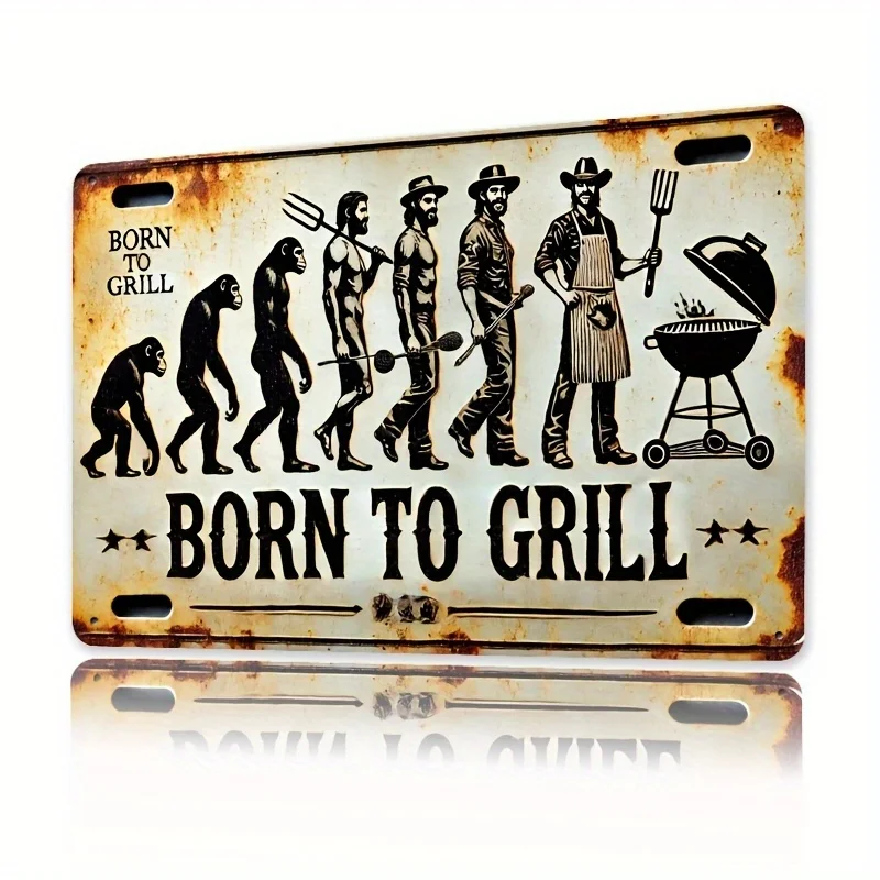 لافتة معدنية مسطحة ثنائية الأبعاد "Born to BBQ" - مثالية للمنزل والمطبخ والفناء والبار والمكتب على الطراز الريفي للشواء، متينة #2
