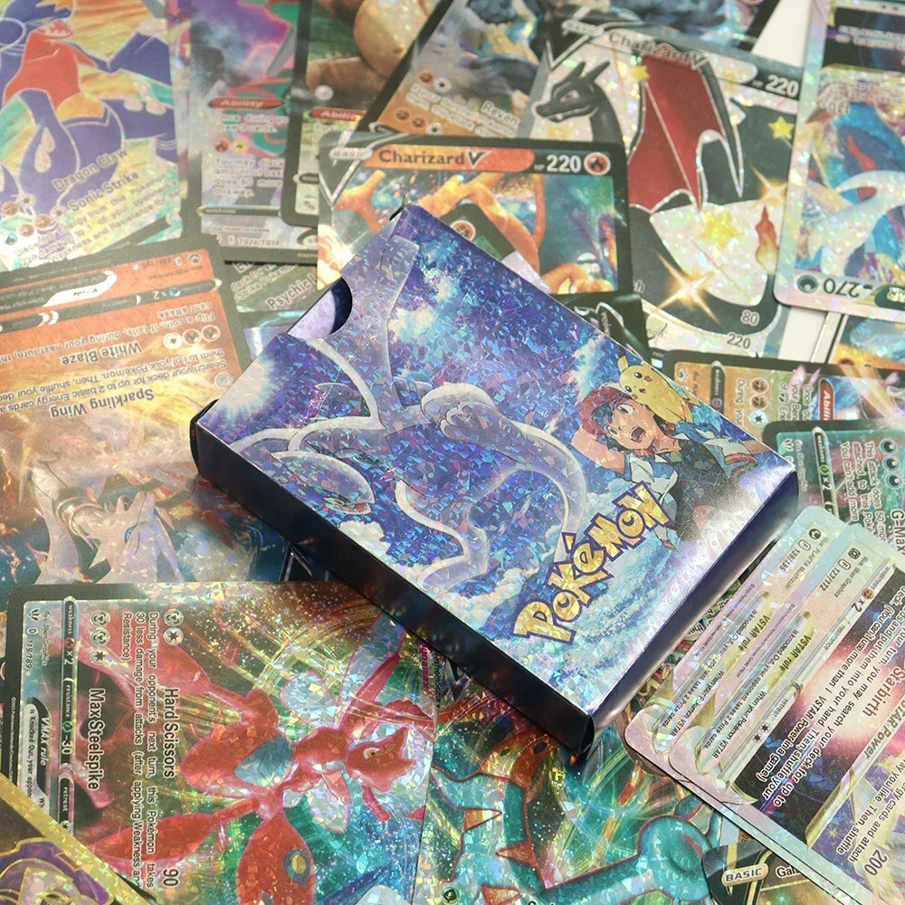 27-55PCS Pokemon สีสันทองฟอยล์การ์ด Charizard Pikachu Arceus Silver Rainbow ภาษาอังกฤษสเปน VSTAR การ์ด VMAX