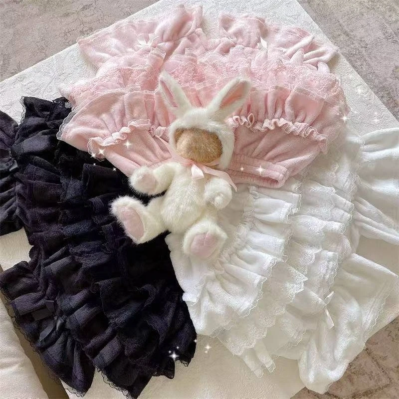 Y2k اليابانية Kawaii تنورة قصيرة امرأة Harajuku الحلو لوليتا التنانير الخريف الشتاء الصلبة مقوس دانتيل سراويل قصيرة #3