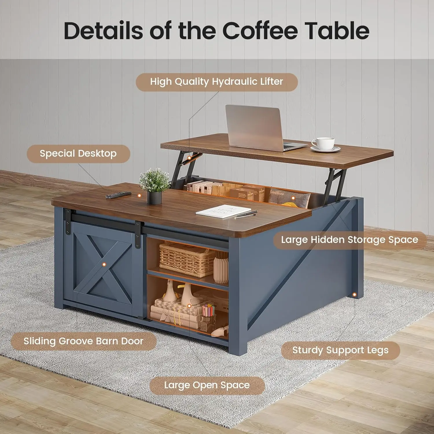 31.5" Lift TopSquareCoffeeTable (Blue) - Farmhouse Style with Large Hidden Storage & Adjustable Shelves, Perfect for Living Room