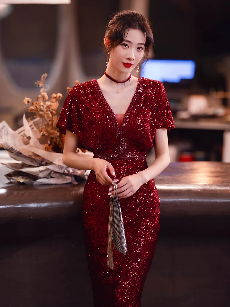 

Ele Red Evening Gown for Important Ocns Tailored Fi Tail Design Host Mommy Wear ort Sve Zipper Sle Weddi...