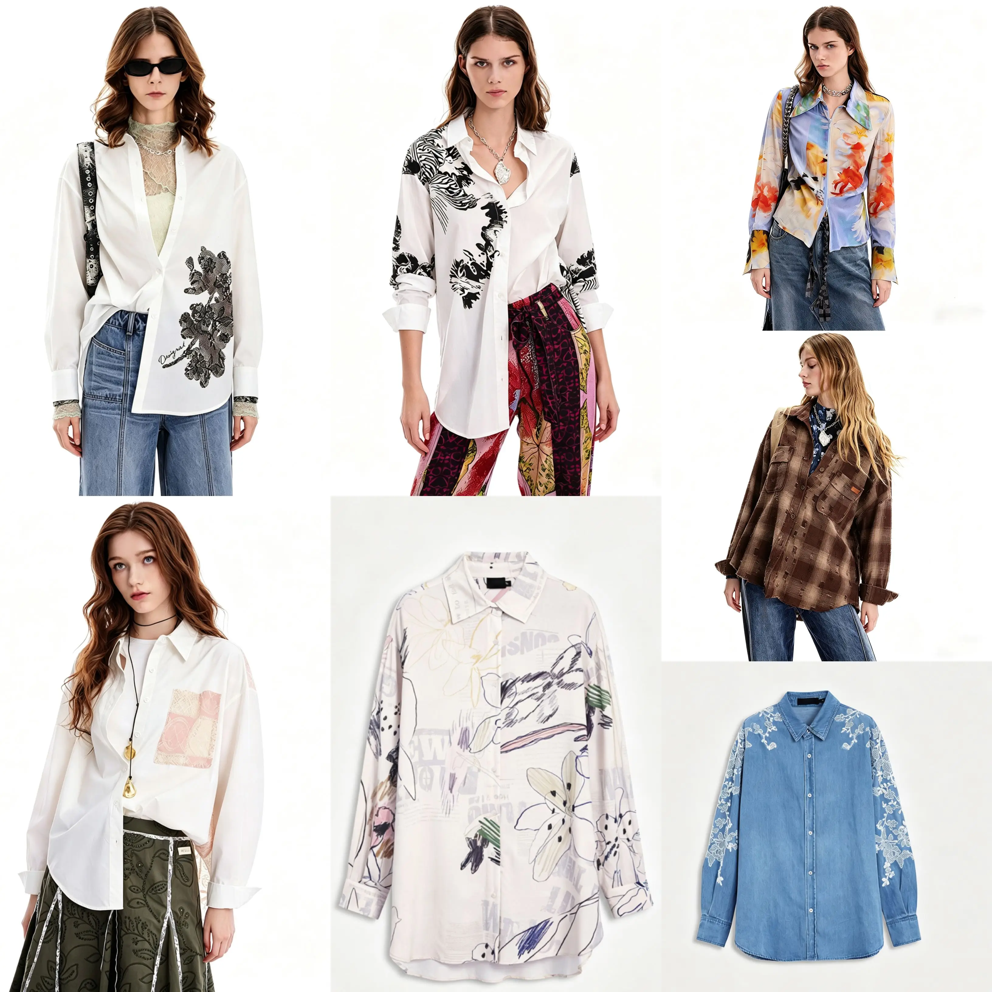 

Рубашка с длинным рукавом 2026 Foreign Trade Spain Original Single Heavy Industry, с вышивкой и принтом, свободного кроя, контрастная