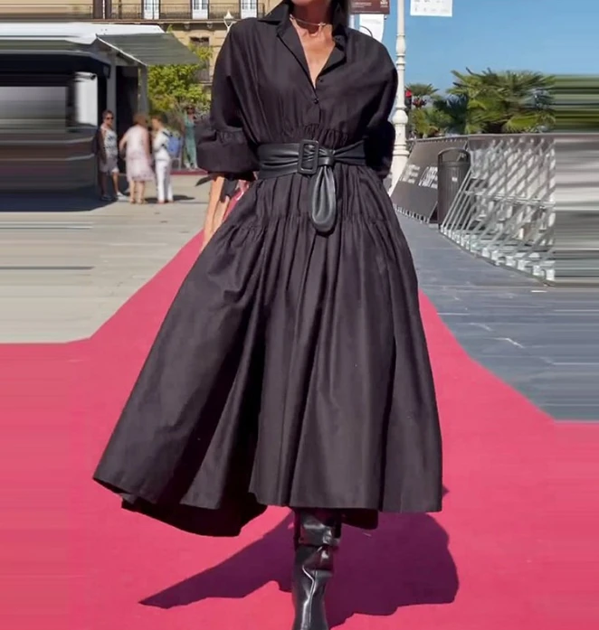 

Womens Dresses 2024 Summer Fashion Bubble Sleeve Solid Color Turn-Down Collar Casual Pleated Daily Swing Long Shirt Dress