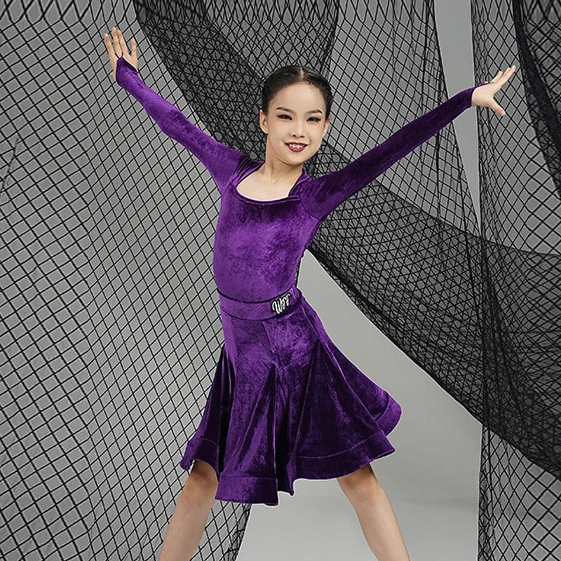 Purple Blue Waltz Ballroom Dance Competition Dresses Girls Velvet Latin Dance Dress Kids Professional Dance Costume SL8709