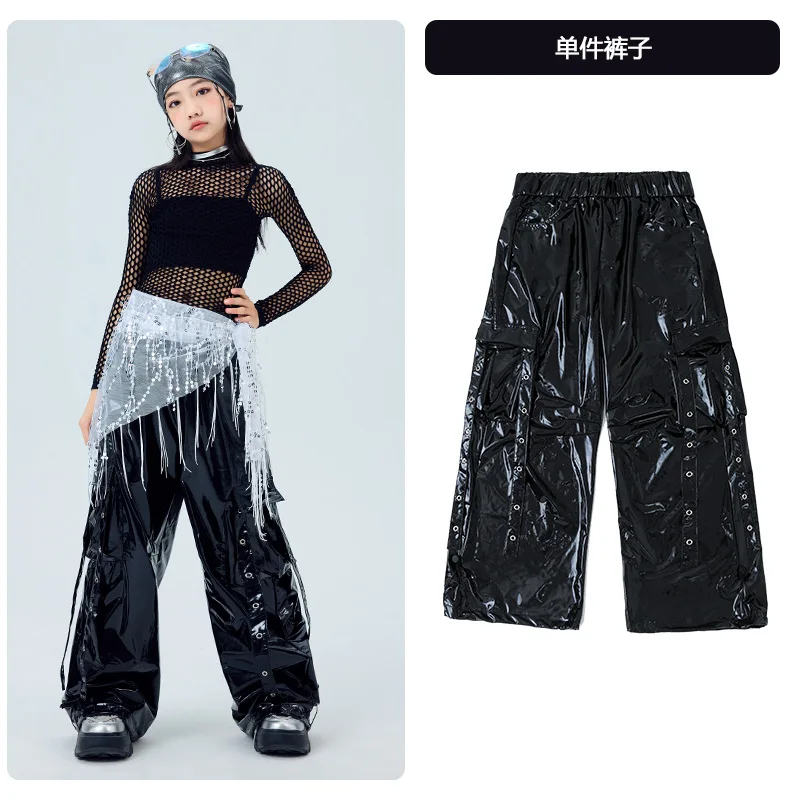 Girls Jazz Dance Costume Black Net Tops Leather Pants Kids Hip Hop Performance Clothes Kpop Modern Dance Stage Wear Pants 3-16Y