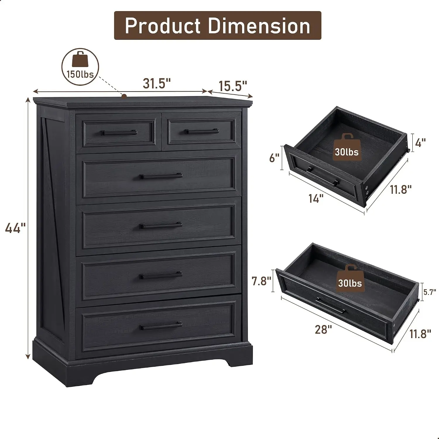 6 Drawer Tall Dresser Farmhouse Bedroom Chest Black, Customized