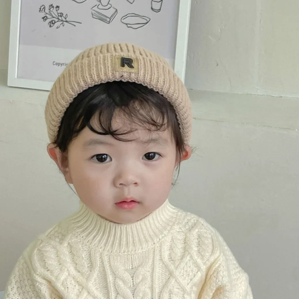Solid Color Letter Baby Knit Hat Winter Warm Boy Girl Knitted Cap 0-5year Kids Vintage Dome Brimless Docker Cap