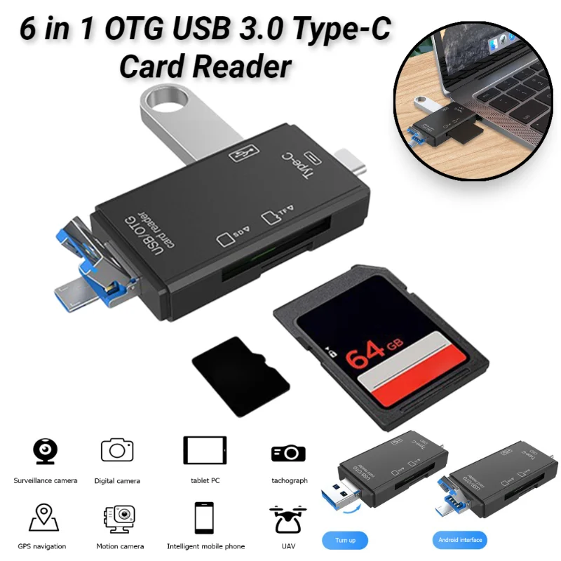 

6 IN 1 USB/Micro USB/Type C To SD TF Card Adapter 480Mbps OTG Memory Card Reader USB 3.0 SD/TF Card Reader Laptop PC Accessories