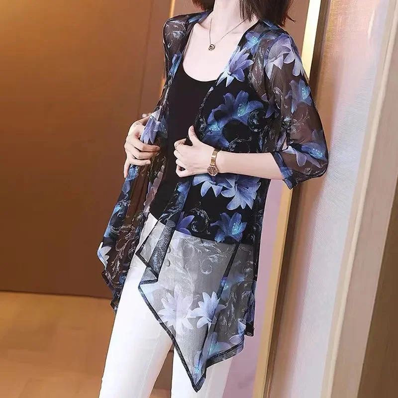 2024 Women\'s Summer New Chiffon Shirt Shawl Thin Cardigan Jacket Fashion Air-Conditioned Shirt Long Sleeves Coat Tops Female