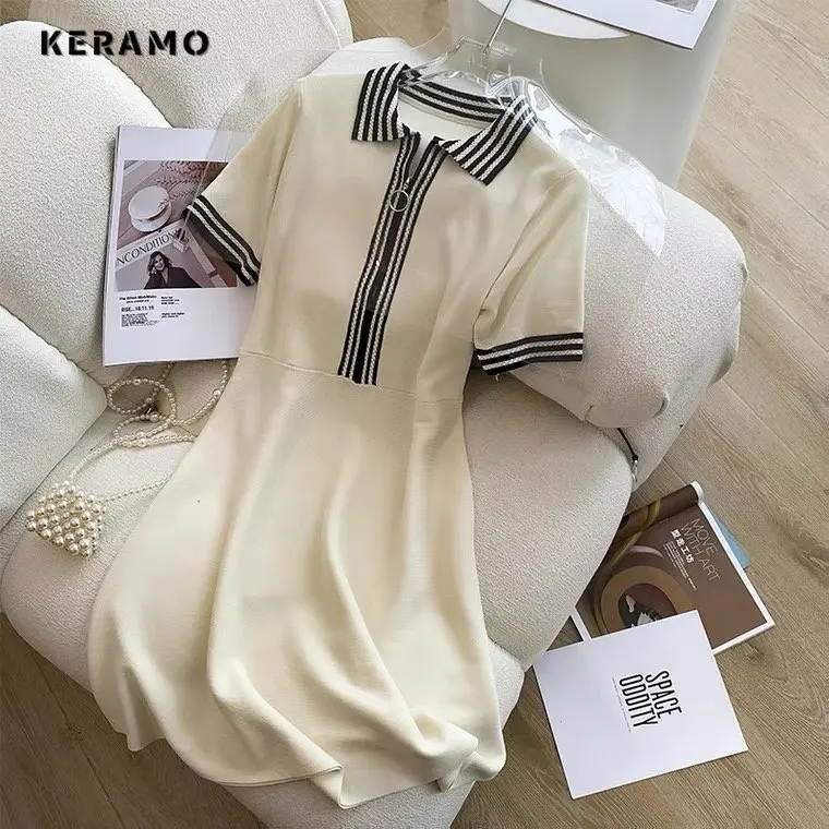 2023 Summer Luxury Short Sleeve Knitting Zipper Mid Long Dresses Women\'s Elegant Classic Office Lady A-Line Ladies Dress