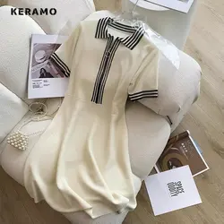 2023 Summer Luxury Short Sleeve Knitting Zipper Mid Long Dresses Women's Elegant Classic Office Lady A-Line Ladies Dress