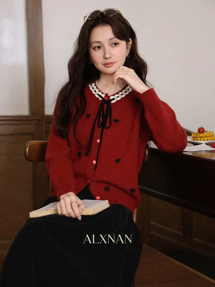 ALXNAN Red Knit Cardigan Women 2025 Fall Winter Long Sleeve Heart Sweater Chic French Style Ladies Warm Knit Tops DYL663086