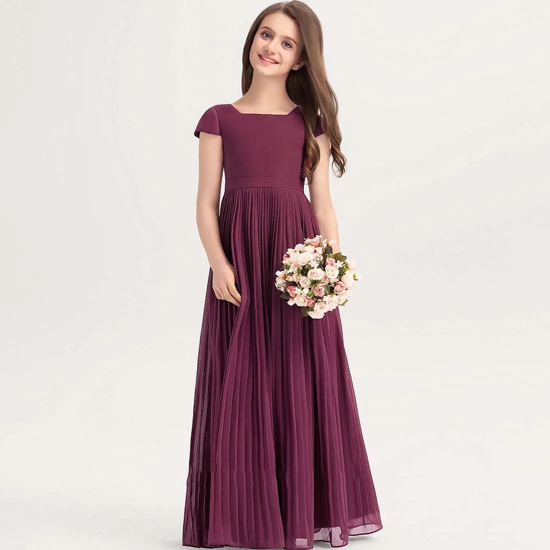 YZYmanualroom Chiffon Junior Bridesmaid Dress With Bow Pleated A-line Square Floor-Length 2-15T