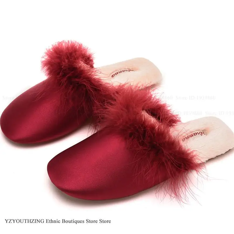 Luxury Feather Satin Fluffy Slippers Women's Sandals Wedding Slippers Bridal Shower Bachelorette Party Slippers Bridesmaid Gift view 5