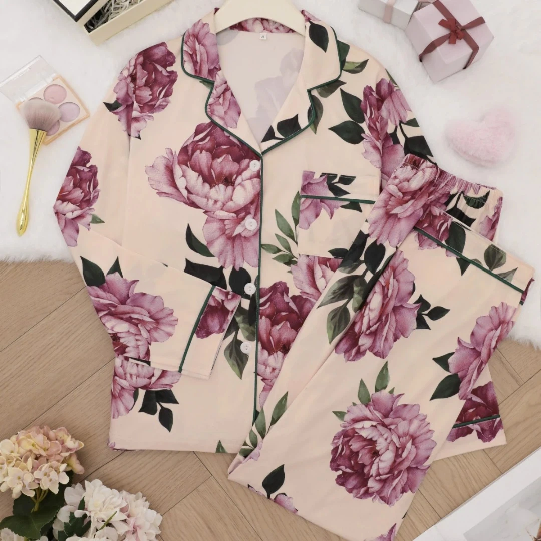 

Женский пижамный комплект с растительными цветами и лацканами с принтом пиона, длинные рукава и длинные брюки, брюки, одежда для дома, домашняя одежда, подарки