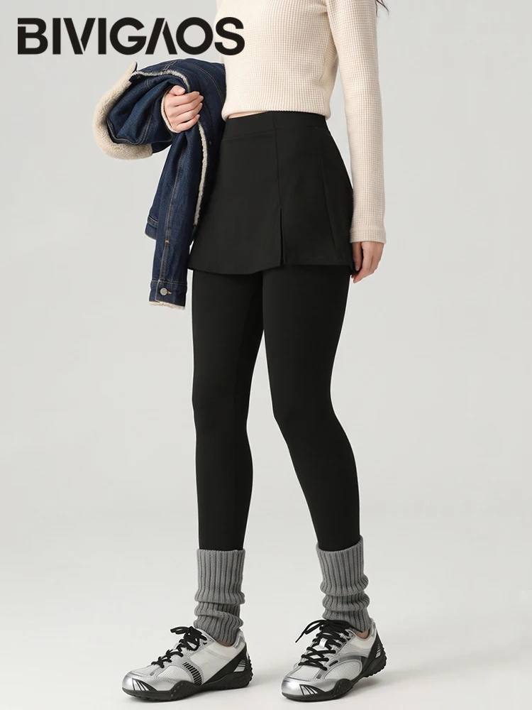 BIVIGAOS Fall Winter Velvet Thick Fake Two Piece Split Short Skirt Leggings Women High Waist Slimming Casual Warm Sport Leggings