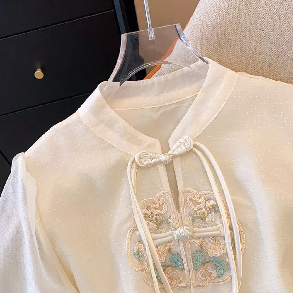 

New Chinese Style Embroidered Chiffon Blouses Stand-Up Collar Breathable Short Sleeve Shirts Slimming Blouses Summer