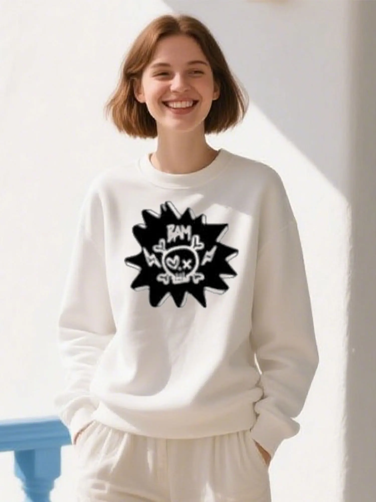 

Skull BAM Print Cotton Crewneck Sweatshirt, Unisex Casual Pullover For Christmas