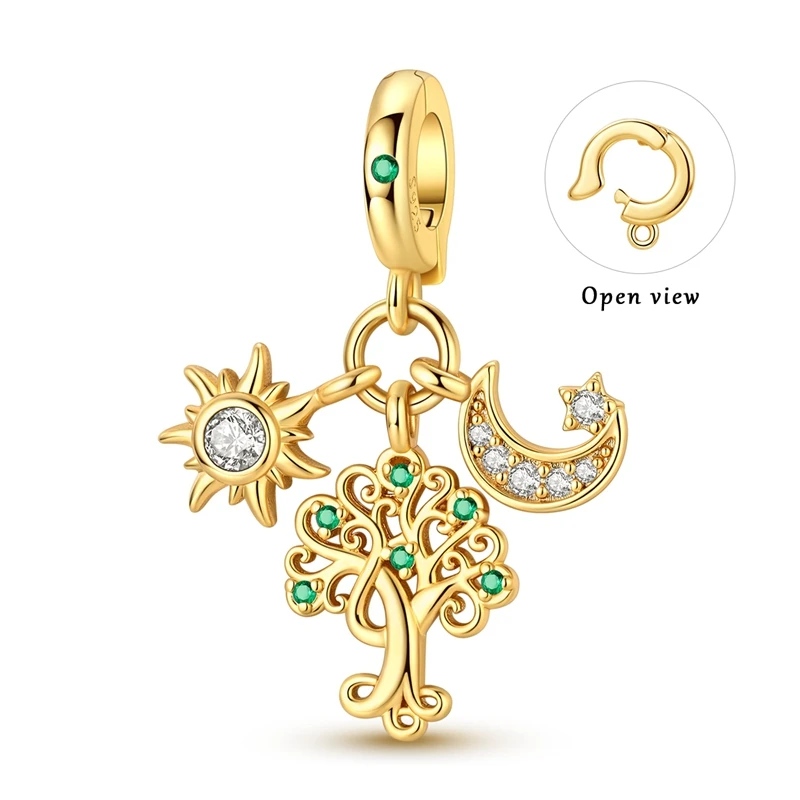 Sun Moon Tree of Life Dangle Charm 925 Sterling Silver Clasp Pendant Eternal Life Light Blessing Fit DIY Bracelet Jewelry Gift