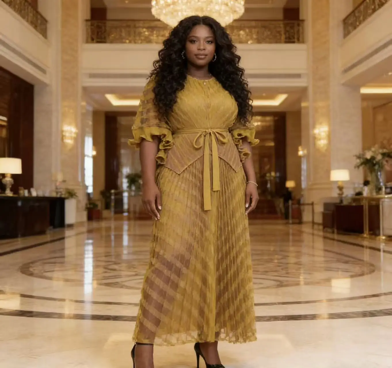 

Miyake fashion high-end temperament heavy industry bead round neck long sleeve waist ruffle edge splicing mesh dress suit women