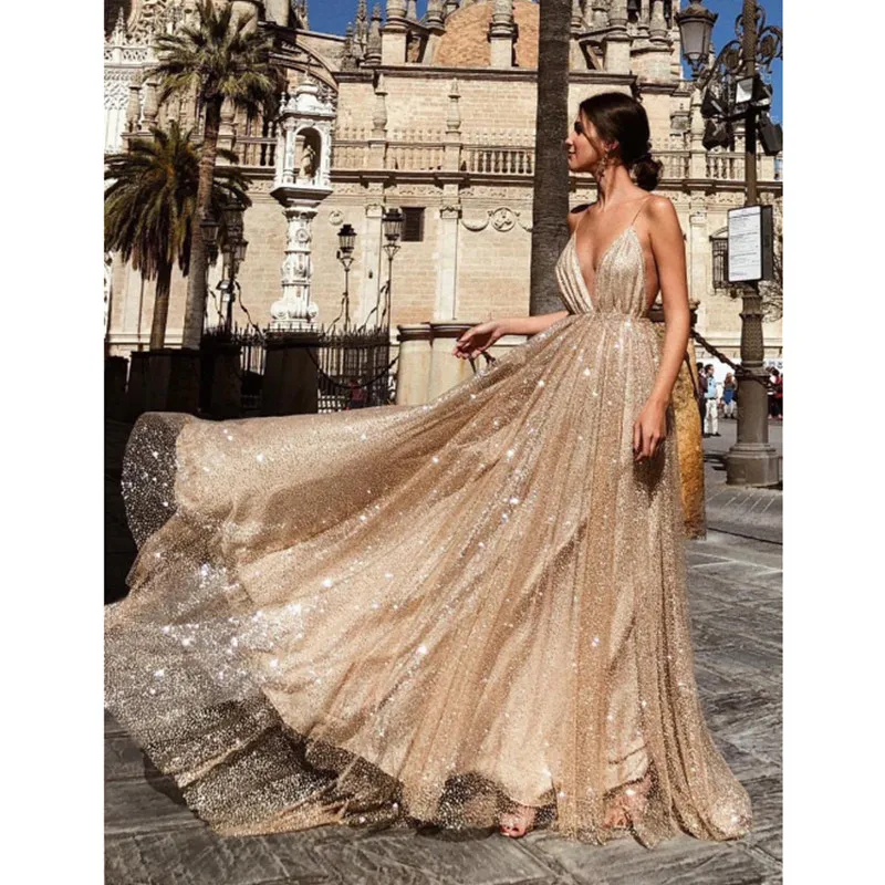 Aleeshuo Exquisite Sequin Lady Prom Dress Spaghetti Strap Evening Dress A-line V-Neck Folds Party Dress فساتين سهره فاخره