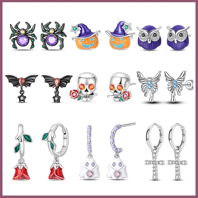 New 925 Sterling Silver Fashion Halloween Pumpkin Bat Cute Ghost Spider Earrings Earrings Ladies Fine Party Travel Jewelry Gift