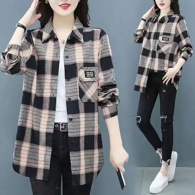 2024Spring and Autumn New Loose and Skinny Plaid Shirt for Women Outdated and Stylish Aging Shirt Spring Versatile Top for Women