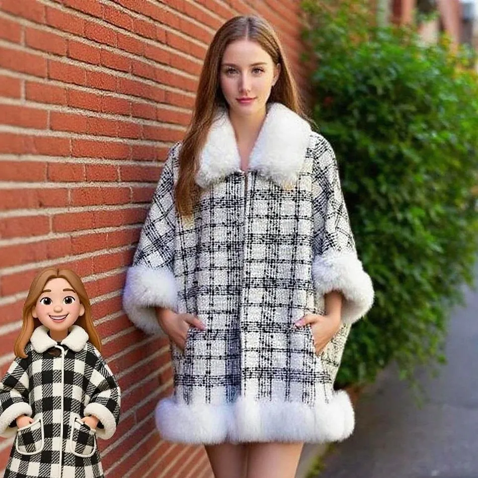 

Fashion Turn-down Collar Wavy Faux Fur Trims Cape Coat Loose Occident Style Poncho Women Autumn Winter Outerwear Cloak