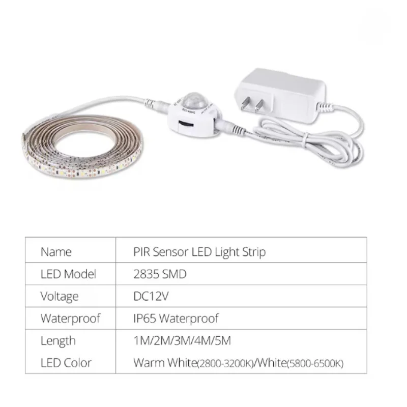 Motion Sensor LED Strip Light DC 12V Waterproof Under Cabinet Lamp For Bedroom Kitchen Flexible LED Strip US EU Power Adapter