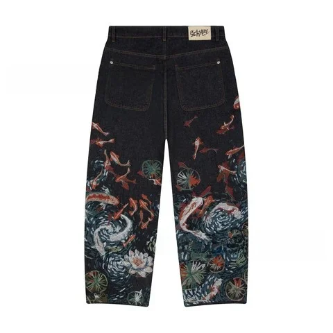 

Мужские джинсы в стиле ретро с вышивкой, свободные прямые, повседневные, с низкой посадкой, на молнии, для подростков