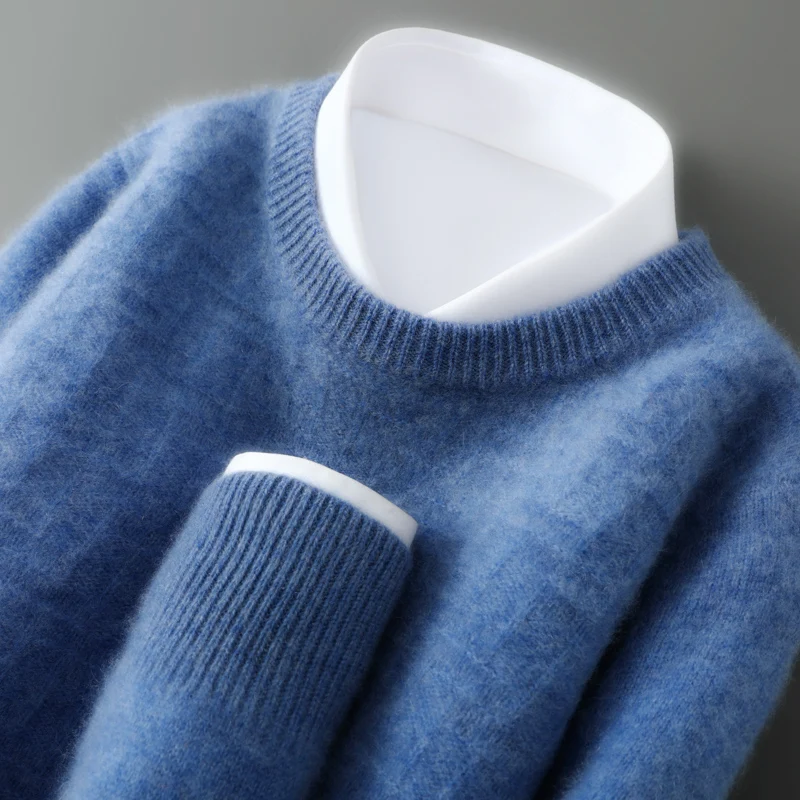 2025 Winter Men's Business Leisure Round Neck 100% Pure Wool High end Simple Jacquard Sweater Thickened Hoodie Bottom