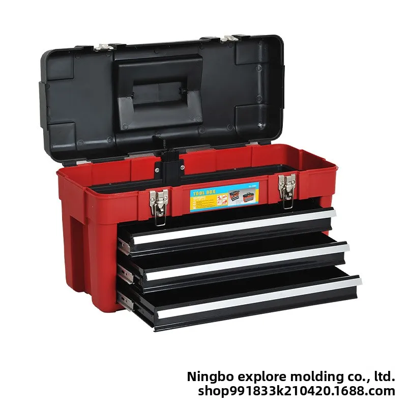 Three Layer Drawer Tool Box with Metal Latch, Multi Purpose Plastic Tool Case Organizer for Household Hardware Repair, Portable