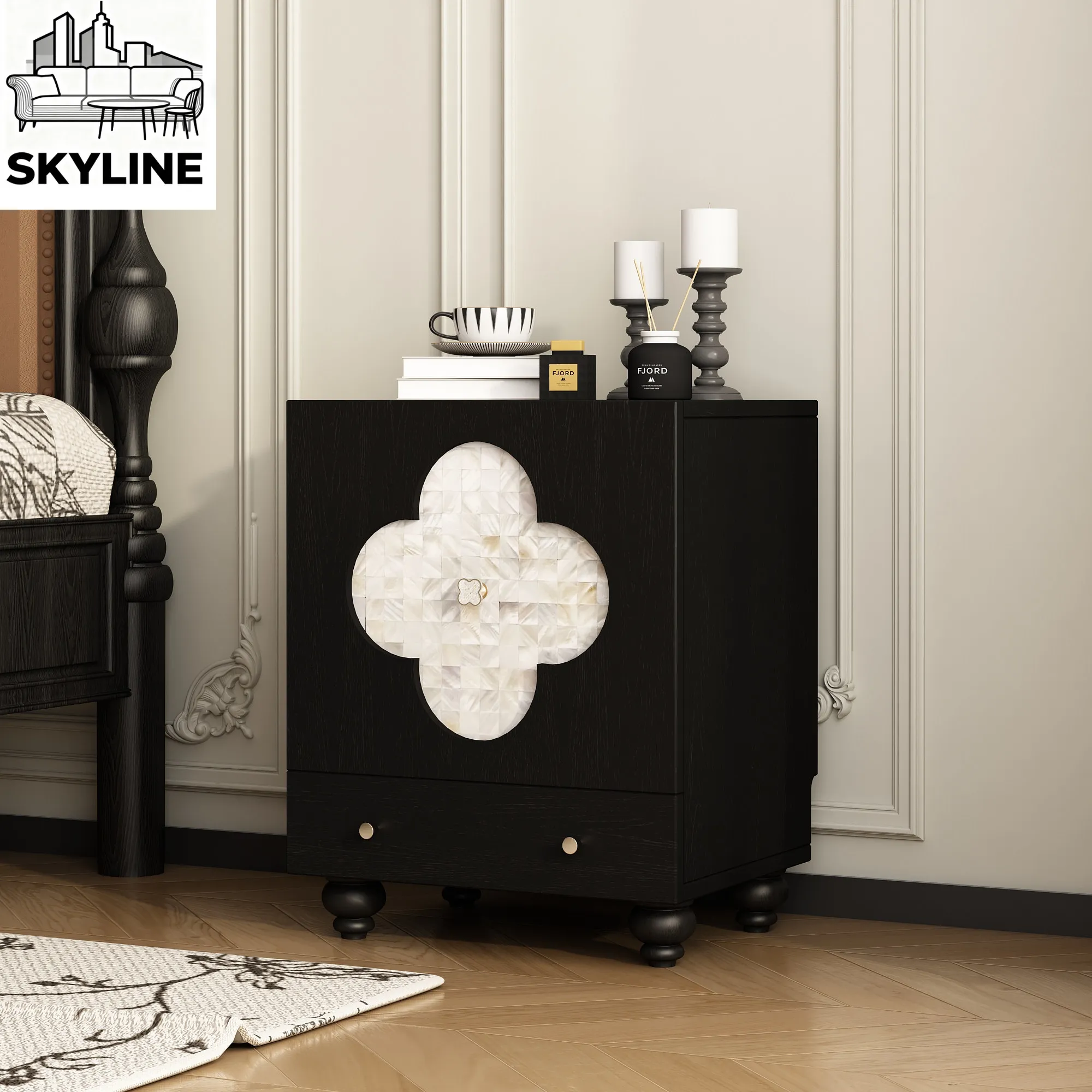 French retro bedside table black antique shell locker bedroom storage cabinet household