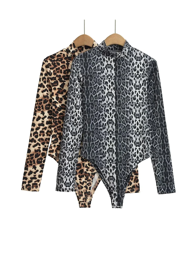 Sexy Slim Leopard Print Stand Collar Women's Long Sleeve Bodysuit Jumpsuit