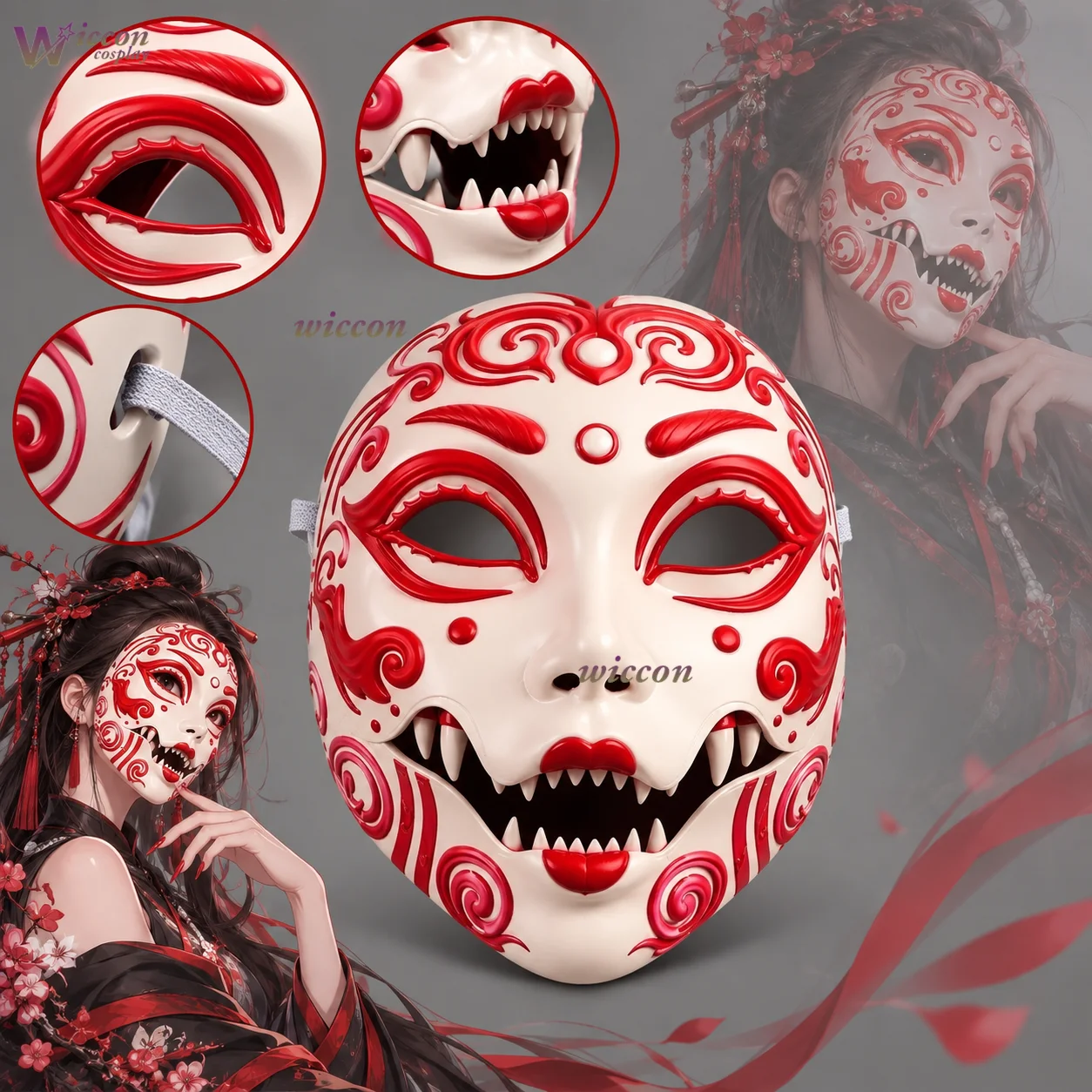 Ani Cos Geisha Mask Chinese Comedy Pattern Gothic Princess Mask Cosplay Face Cover Party Accessory Halloween Openable Fangs
