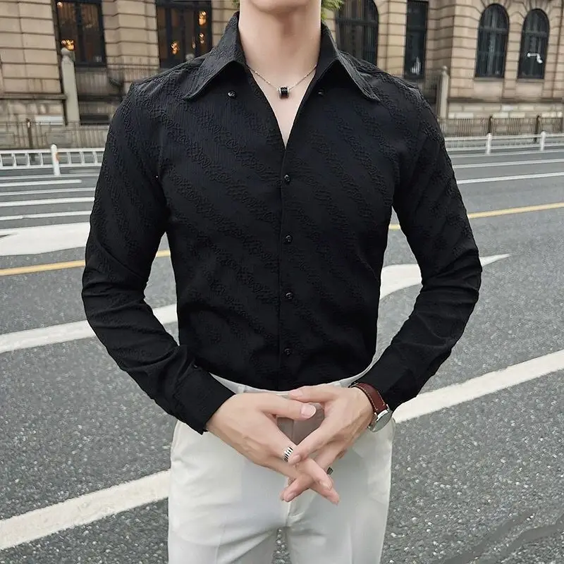 Spring Autumn New Fashion V-neck Long Sleeve Solid Color Blouse Men\'s Clothing Button Smart Casual Korean Slim Simplicity Shirts