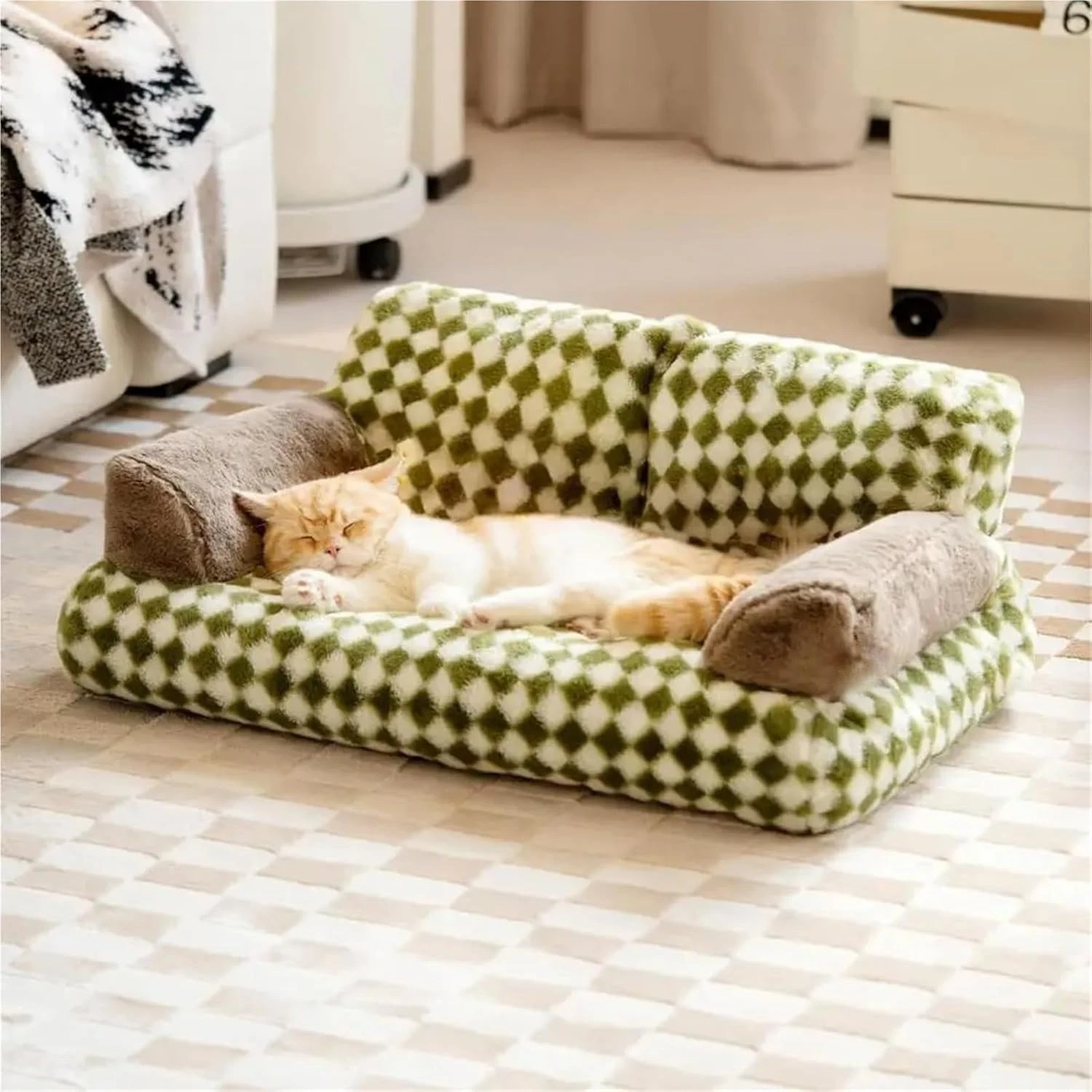 

Pet Couch Sofa Bed Checkers Plaid Cat Beds Durable Plush Cat Couch Bed with Removable Washable Cover Anti-Slip Bottom