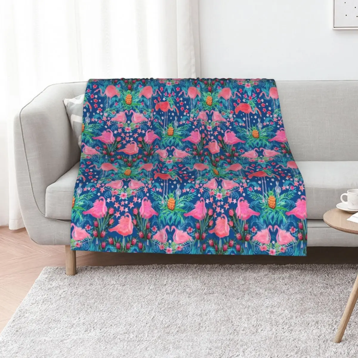 Flamingo watercolor pink Paradise with hibiscus flowers, protea flowers and palm leaves Throw Blanket Baby Blankets