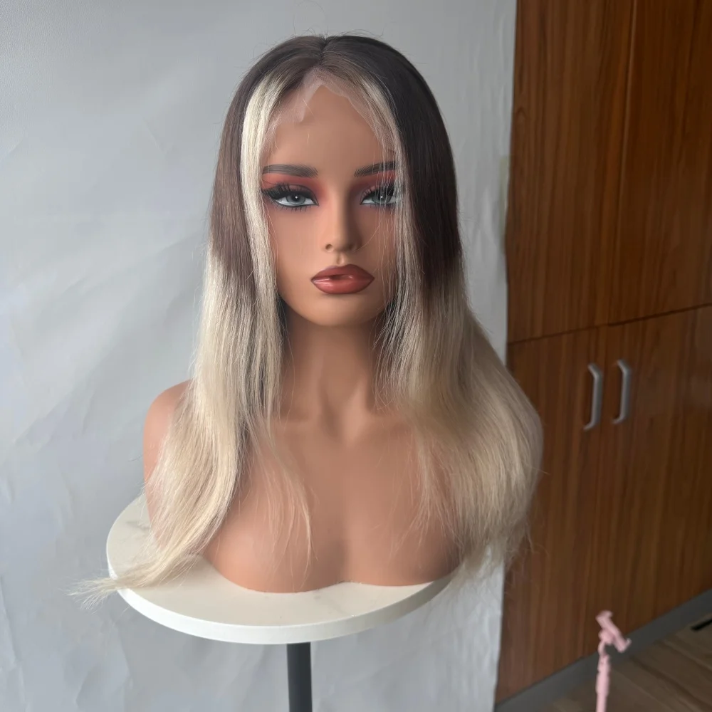Highlight Ash Blonde Full Lace Wig Straight Ombre Brown Mixed Blonde Brazilian Human Hair for Women 16Inc Straight Wigs In Stock
