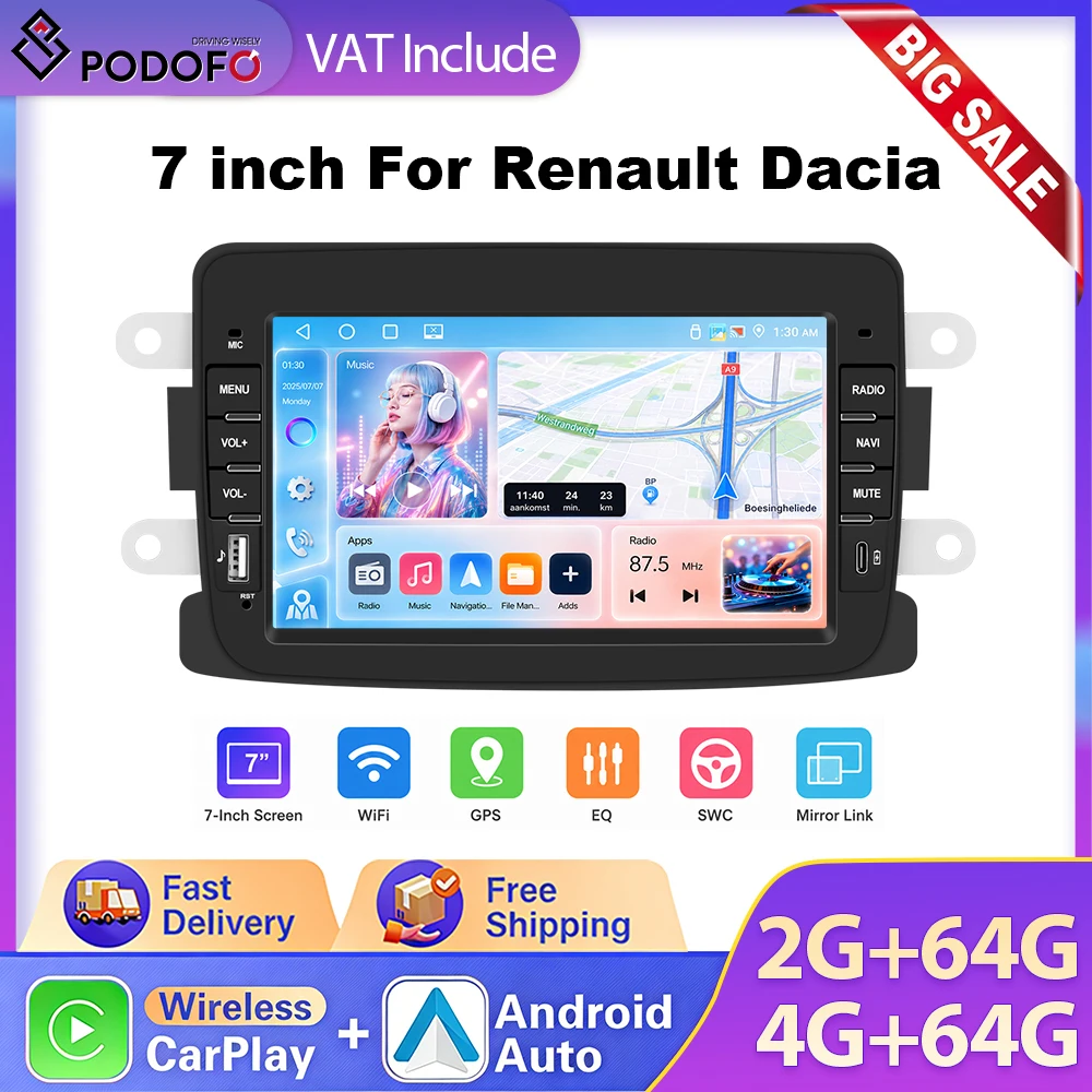 Autoradio Podofo 7" CarPlay Android 4G+64G pour Renault Dacia Sandero Duster Logan Dokker 2 Din, Lecteur Multimédia de Voiture, Navigation GPS, WiFi, Autoradio Sans Fil, Android Auto, BT, FM, RDS, Système Intelligent de Voiture