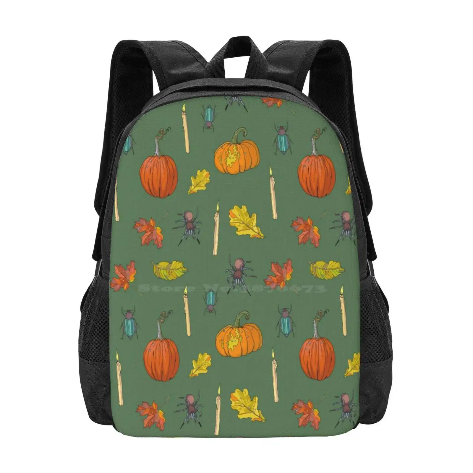 Bolsas escolares de viaje para ordenador portátil, diseño de patrón de Halloween, Otoño, Otoño, cosecha de otoño, patrón sin costuras, verde y naranja