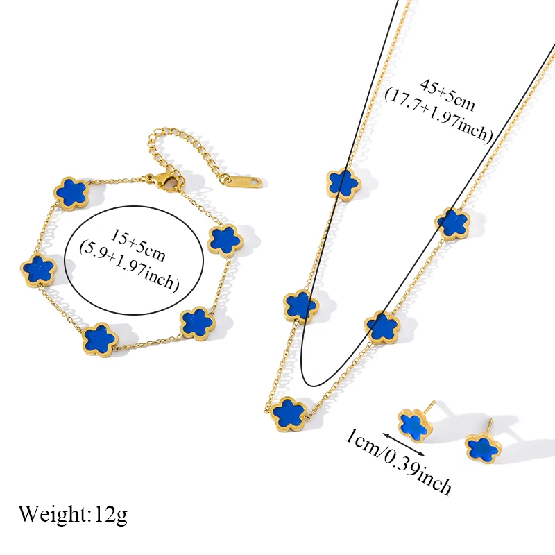 GANEMLY 316L Stainless Steel Blue Plum Flower Five Leaf Clover Necklace Bracelet Earrings Jewelry Set For Women Birthday Gift