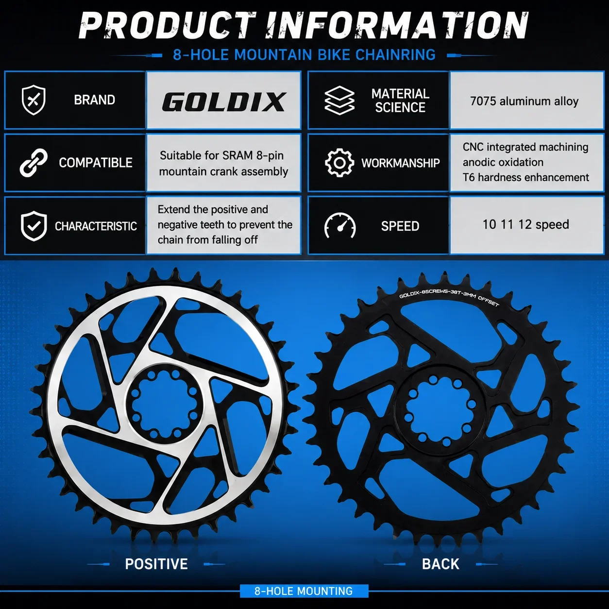 GOLDIX 3mm Offset 8-Loch MTB Kettenblatt CNC Hohl Narrow Wide Kettenrad 36T 38T für SRAM 8-Loch Kurbel 7075 Aluminium – Detail 2