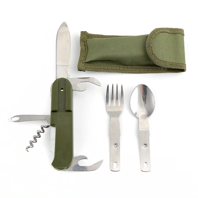Image of 7-in-1-Camping-Besteckset aus Edelstahl – faltbares, multifunktionales Outdoor-Geschirr mit Gabel, Löffel und Messer für Picknick und Wandern
