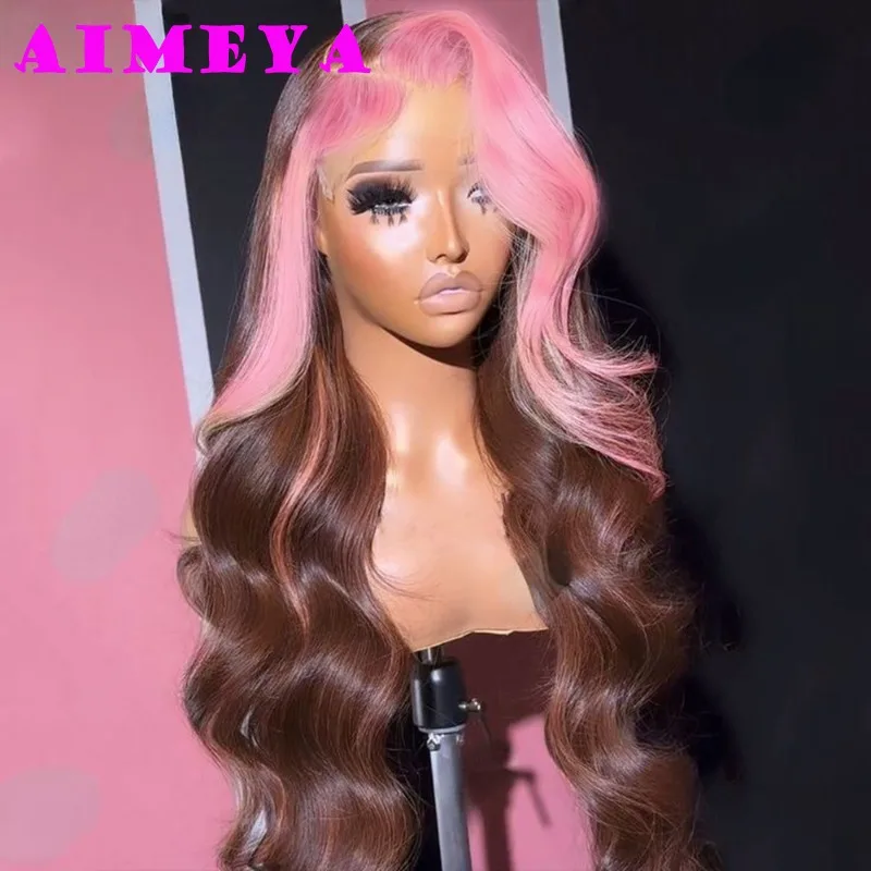 AIMEYA Pink Highlights Wig Brown Long Body Wave Lace Front Wig Synthetic Lace Hair Natural Hairline Daily Use Cosplay Wigs