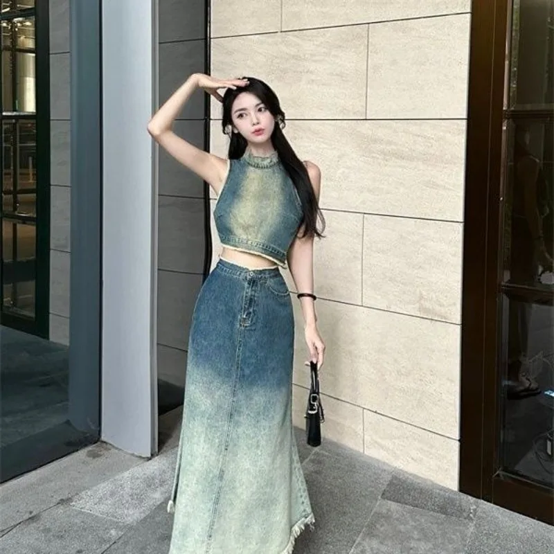 

Woman Outfit Formal Occasion Promotion Summer Clothes 2025 Vintage Clothing Trend Sleeveless 2 Pieces Denim Skirt Sets for Women