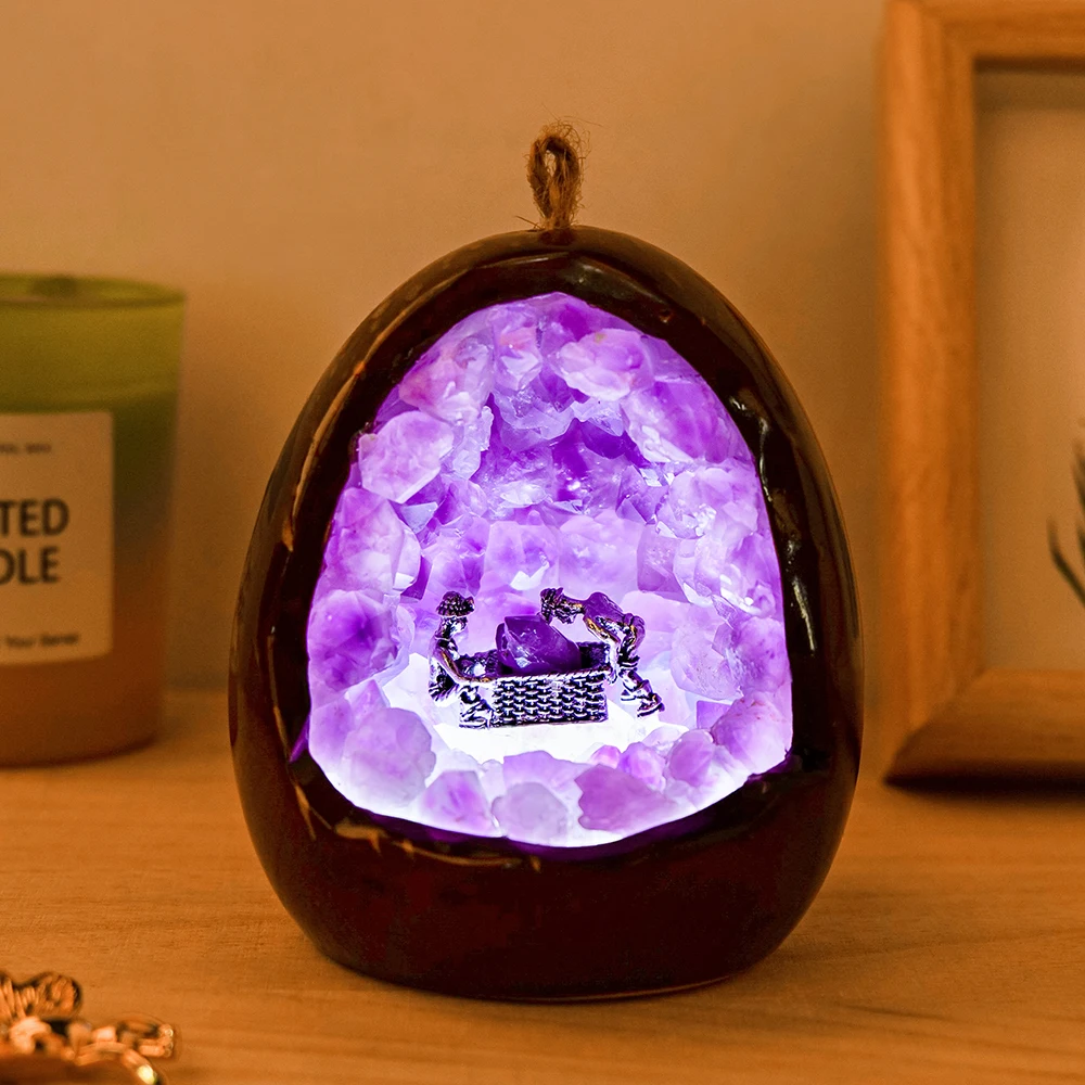 1PC Natural Crystal Amethyst Bud Dinosaur Egg Shaped Geode Lamp Mini Miner For Living Room Study Bedroom Bedside Decor