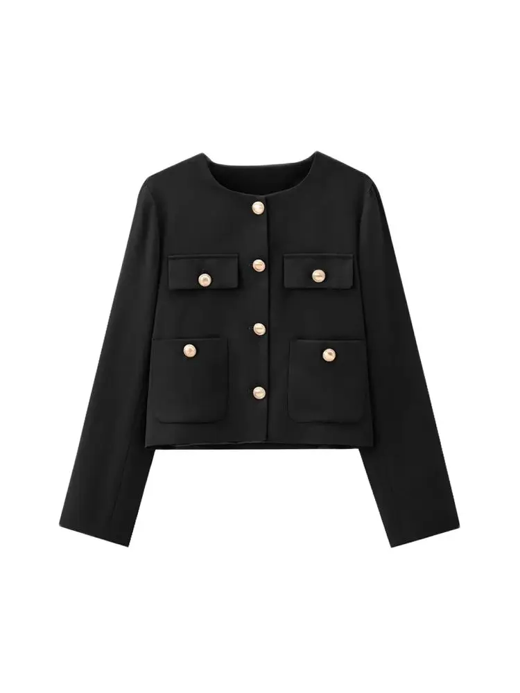 Cropped Jacket with Golden Buttons for Women, O Neck, Long Sleeve, Female Outerwear, Chic Tops, Fashion